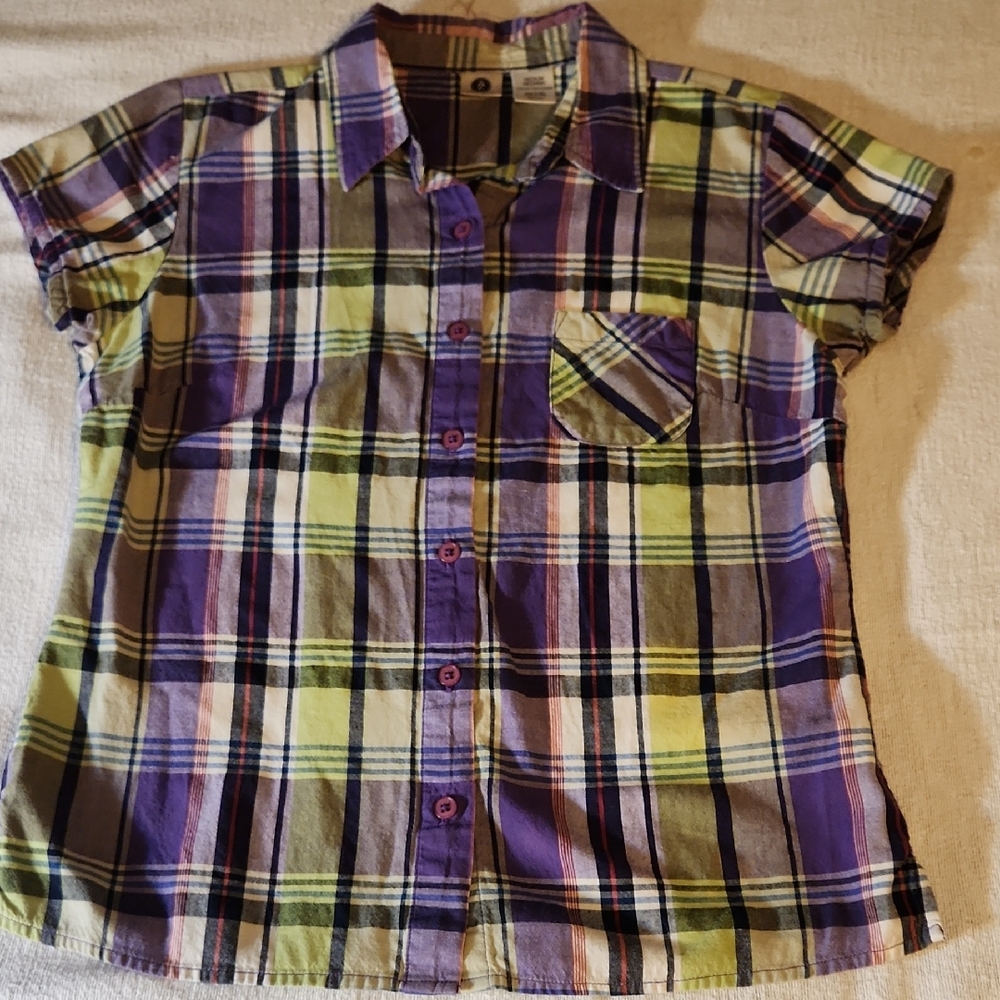 Arizona Jean Company Purple and Green Plaid Button Down Shirt